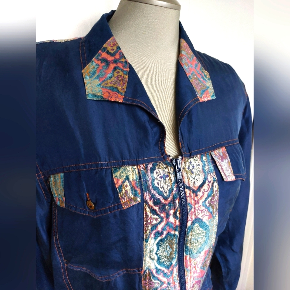 Vintage Colorful Patterned Zip-Up Silk Jacket - Large